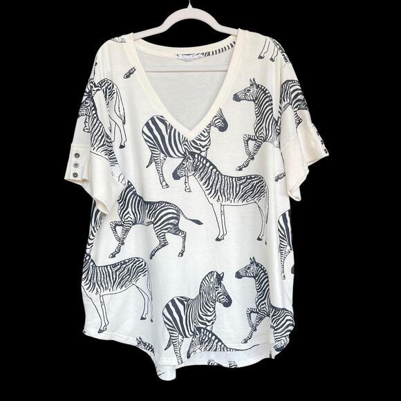 Jane Delancey Shirt Womens 1X White Black Zebra Print V Neck Short Sleeve Top - Picture 1 of 13